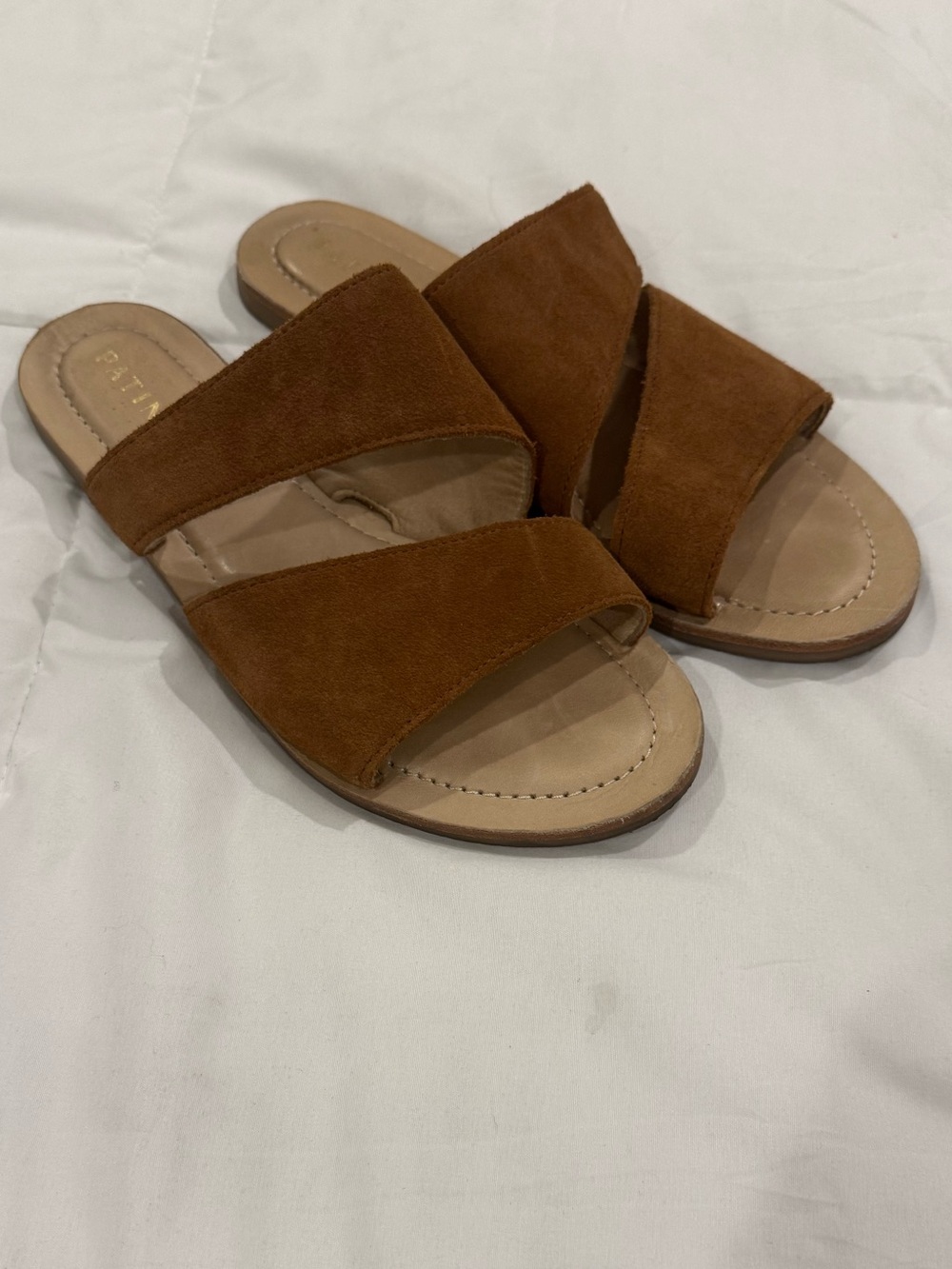 Patina Handmade Brown Suede Double Strap Slide Sandals – Size 8.5